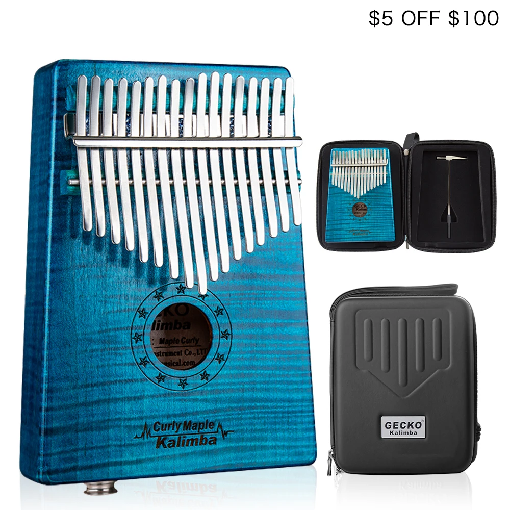 

GECKO Kalimba 17 Key CURLY MAPLE Thumb Piano builts-in EVA high-performance protective box, tuning hammer,MC-BLEQ