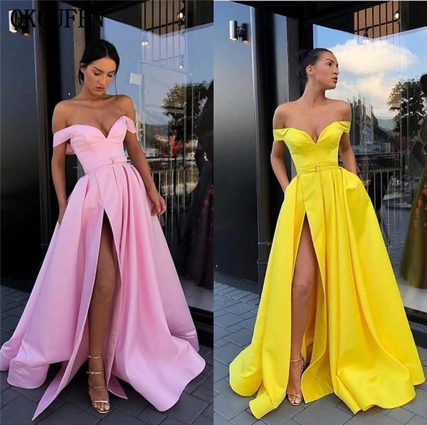 Pink Yellow Prom Dresses 2019 Long Floor Length Side Slit Party Cocktail Dress Cheap Under 100 Formal Evening Gowns Vestido de Festa 副本