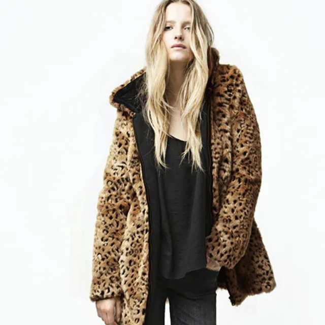 S XXL Fall autumn and winter leopard print faux fur jacket