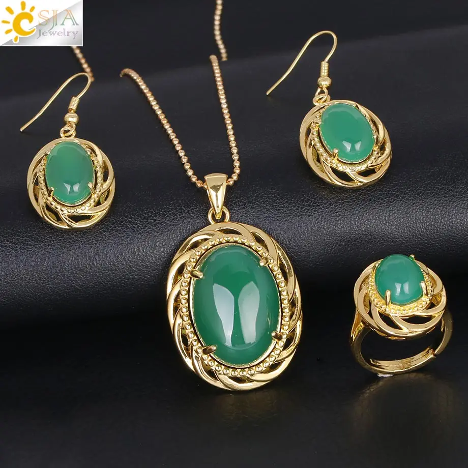 CSJA Natural Malay Green Jades Jewelry Set for Women New Luxury