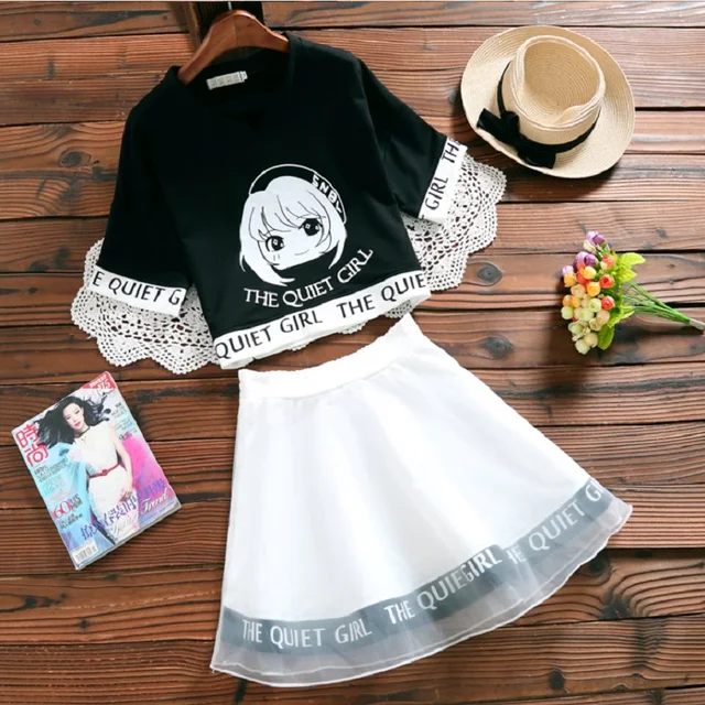 Japanese Mori College Girl Two Pieces Kawaii Crop & High Waist Mini Skirt