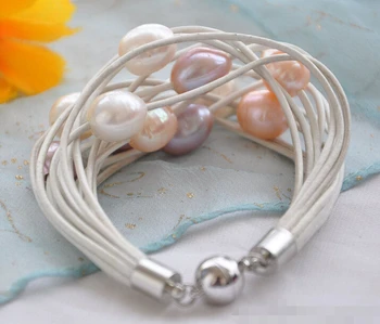 

15strands 13mm white pink lavender rice Freshwater pearl white leather bracelet 8inch