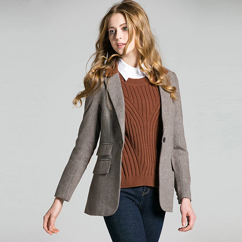 Пиджаки для женщин для 50% шерсть плед классический дизайн локоть патч карманы одной кнопки дамы пальто Винтаж Mujer 2017, новая мода
