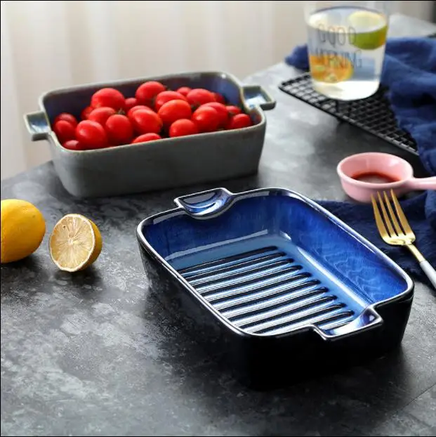 

Rectangular Baking Bowl for Household Ceramic Double Ear Baking Plate Creative Cheese Plate Baking Tableware Oven Baking Bowl