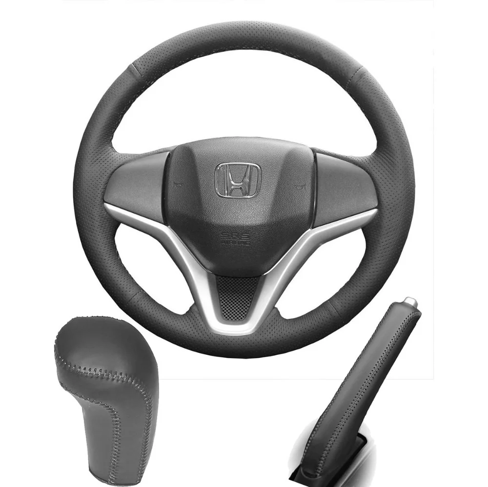 Оплетка на руль крышки ручного тормоза и шестерни Крышка для Honda New Fit City Jazz HRV HR-V Vezel - Название цвета: Black stitch a set