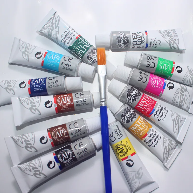 6ML 12 Colors Tubes Set Watercolor Paints Professional Water Paint Hand Painted Canvas Pigment Art Supplies Free Brush
