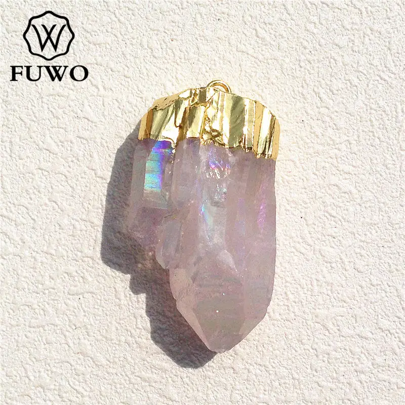 

FUWO Angel Aura Quartz Crystal Point Cluster Pastel Rainbow Electroformed Pendant Light Yellow Gold Jewelry Wholesale PD082