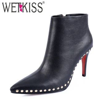 

WETKISS New Arrival Genuine Leather Boots Women Shoes Handmade Rivet Boots Ankle Zipper Pointed toe High Heels Winter Boots Fall