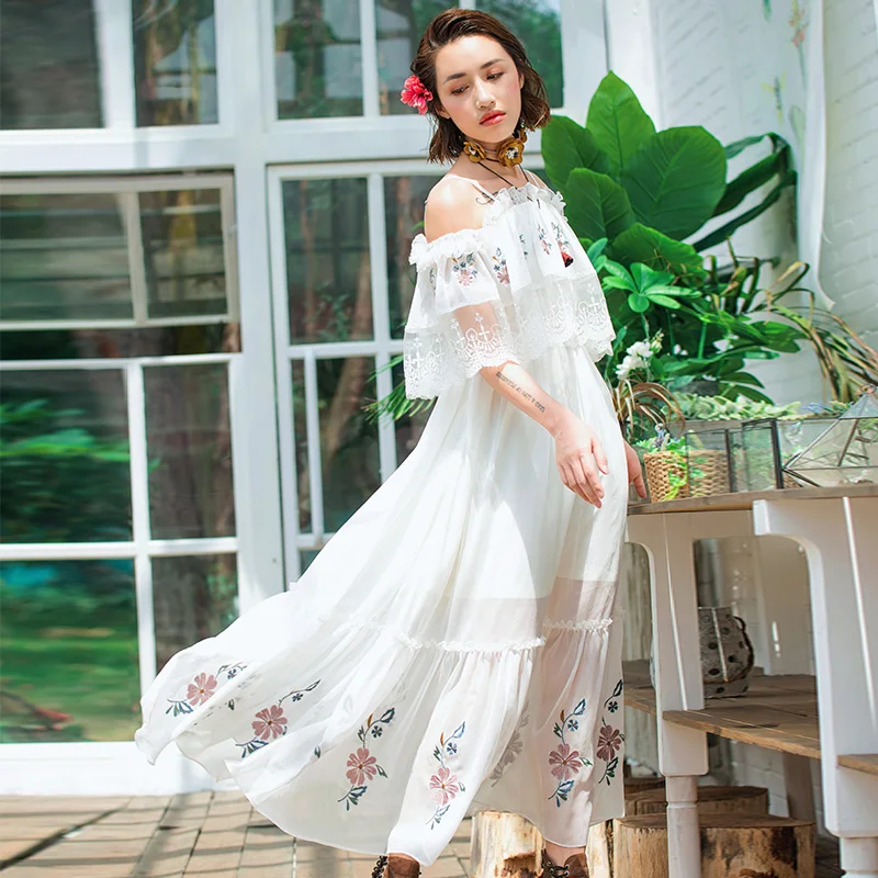 Aporia.As Bohemia Loose Women Summer Sexy Slash Neck Butterfly Sleeve Luxury Embroidery Lace Chiffon White Long Dress long-white-lace-dress