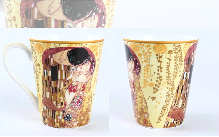 Винтажная чашка из костяного фарфора Gustav Klimt Famouspaint, картина маслом, художественная чашка для кофе, чашка, керамика, кружка для молочного кафе, 410 мл, рукоять, поцелуй