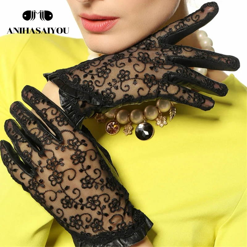 

High-end spring and summer driving gloves women lace genuine leather gloves women dress Genuine Leather short touch gloves -L095