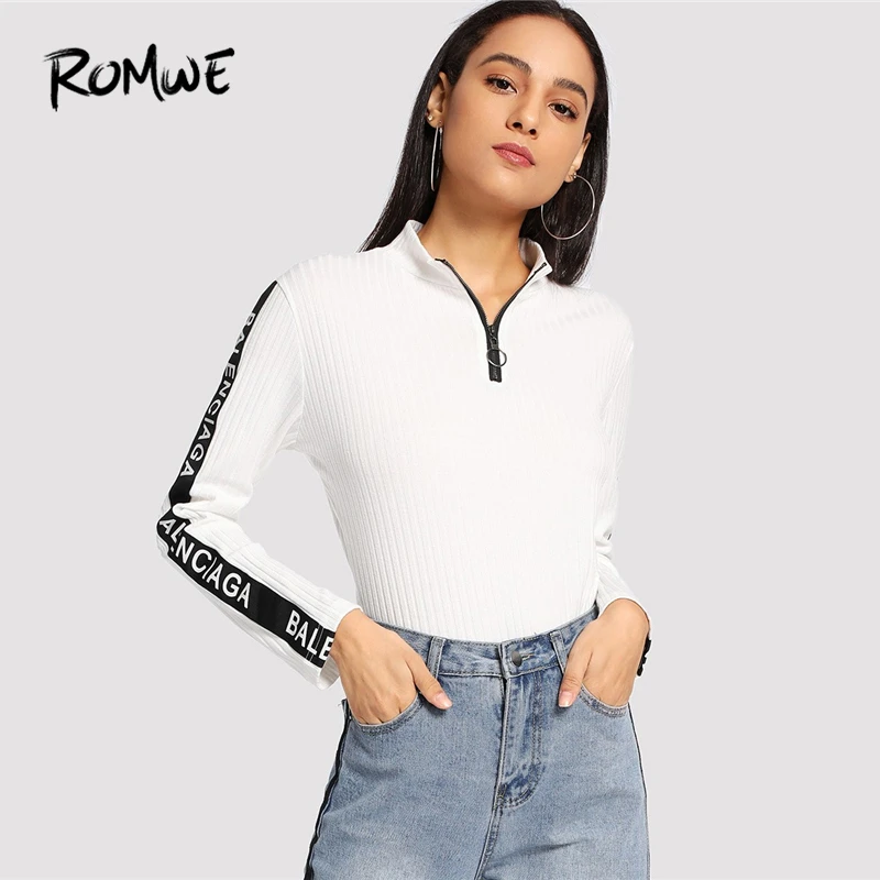 ROMWE White Letter Print Quarter Zip Sweater Women Casual