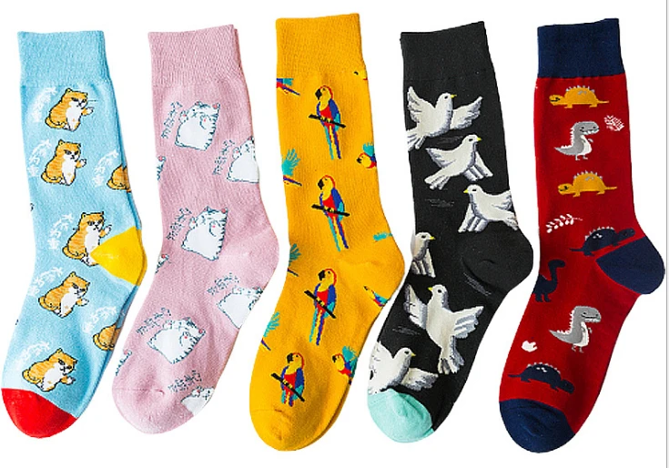 

1 pair men women socks combed cotton cartoon Dinosaur Pigeon Parrot happy socks funny socks