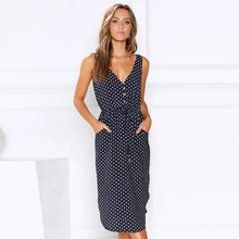 Summer Dress Sleeveless Polka Dot Button V Neck Belted Dress Women Casual Beach Dress Streetwear modis vestidos de verano D30 Summer Dress Sleeveless Polka Dot Button V Neck Belted Dress Women Casual Beach Dress Streetwear modis vestidos de verano D30