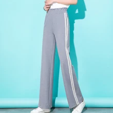 Женские весенние Трикотажные брюки серые с высокой талией широкие брюки полосатый каждодневный Свободный Прямой Брюки Плюс Размер Женская одежда