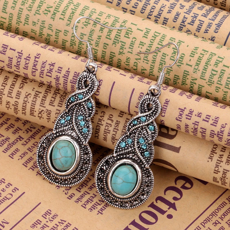 Boho Oval Stone Ethnic Tibetan Necklace Earrings Fashion Jewelry Set For Women Pendant Necklace Sets Party Charm Bijoux