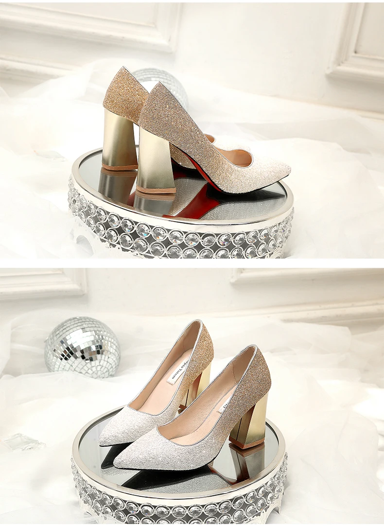 Свадебные туфли; женские Серебристые туфли с острым носком и градиентом на среднем каблуке 5,5 см; свадебное с блестками; модельные туфли-лодочки; большие размеры 43