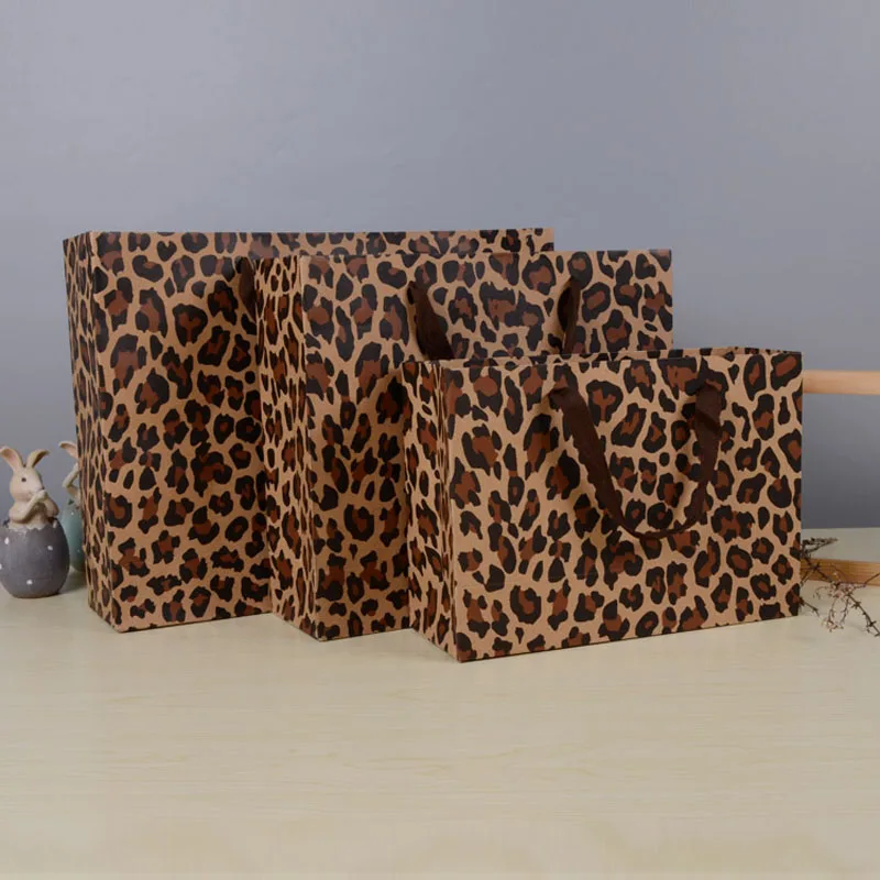 100pcs Leopard Printing Gift Bag Kraft Paper Bag 32*28*10cm With Handle