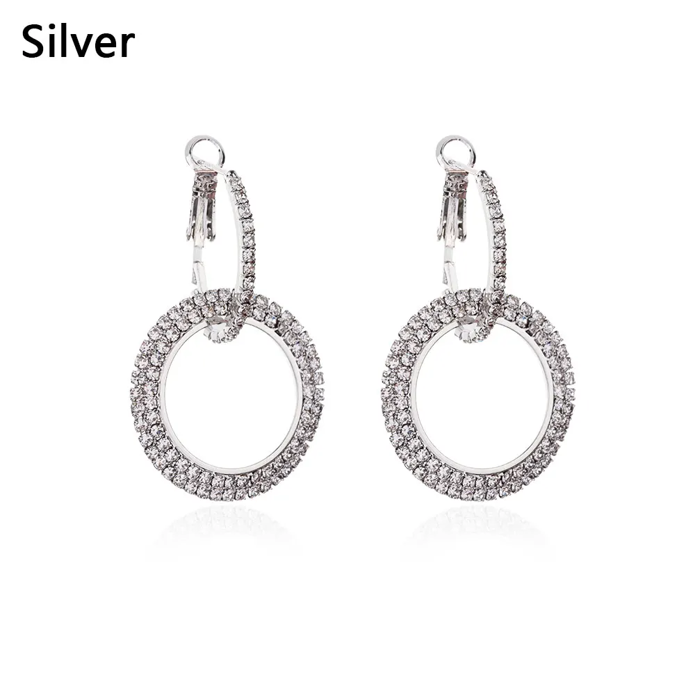 silver 1 пара, элегантные серьги-кольца с кристаллами для женщин, двойная круглая подвеска, длинные серьги с кристаллами для женщин, ювелирные изделия Brincos - Окраска металла: silver