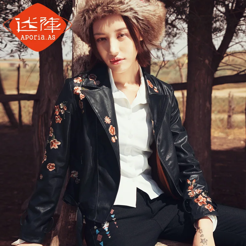 Aporia AS original 2016 autumn Old Vintage Motorcycle Leather Slim embroidered font b jacket b