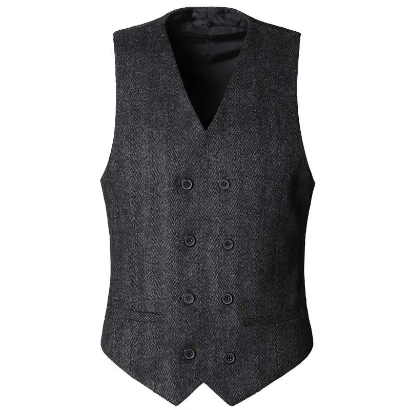 Spring Autumn Man's Vest Woolen Double Breasted Vintage Waistcoat Men Suit Vest Dress Formal Wedding Vest Male Clothing
