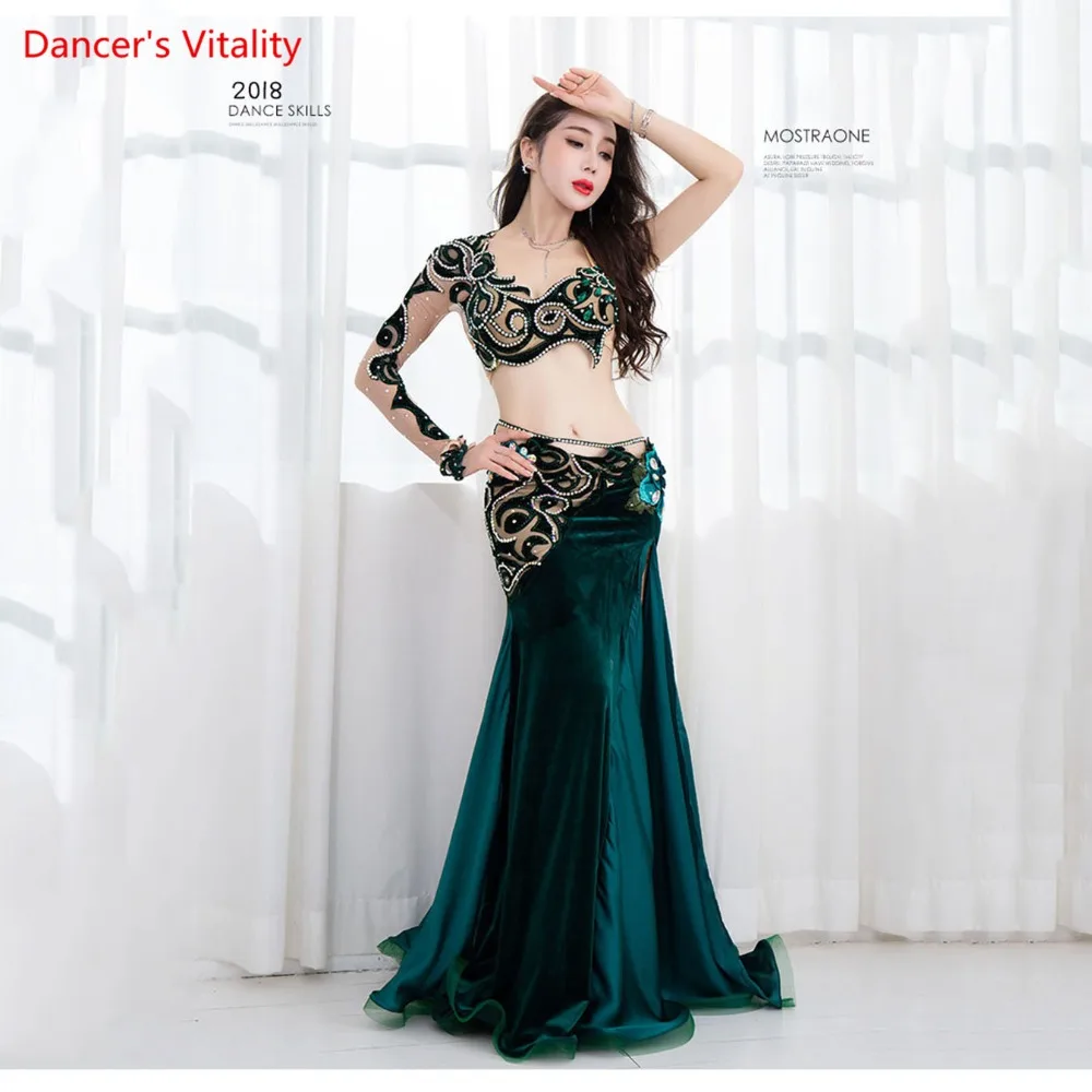 

New Arrival 2 piece Women Performance Belly Dance Show Costume Bra+Long Skirt Dance Team Dress Green Custom Made