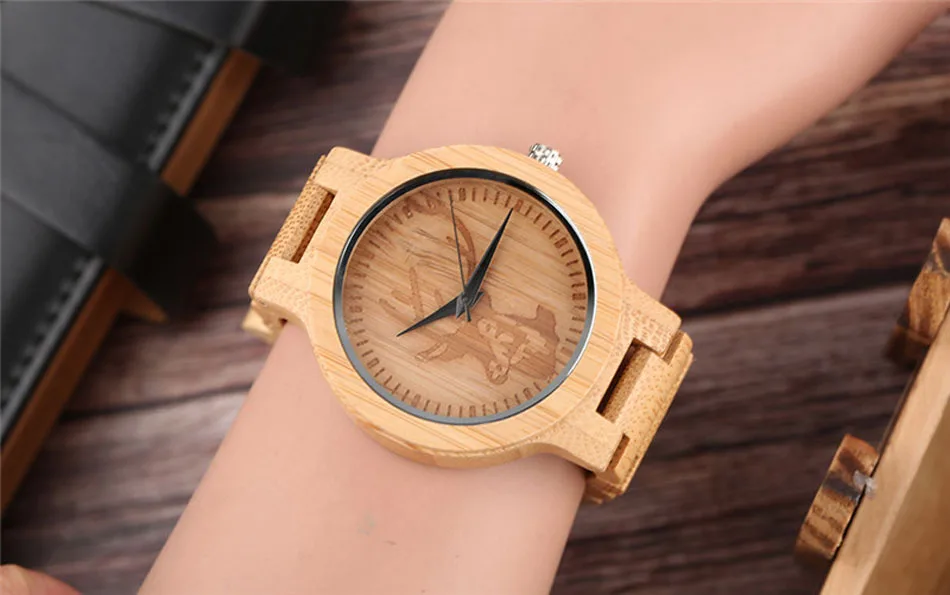 Creative Deer Head Full Wooden Watch Fashion Bamboo Men Handmade Analog Nature Wood Fold Clasp Wrist Watch  (5)