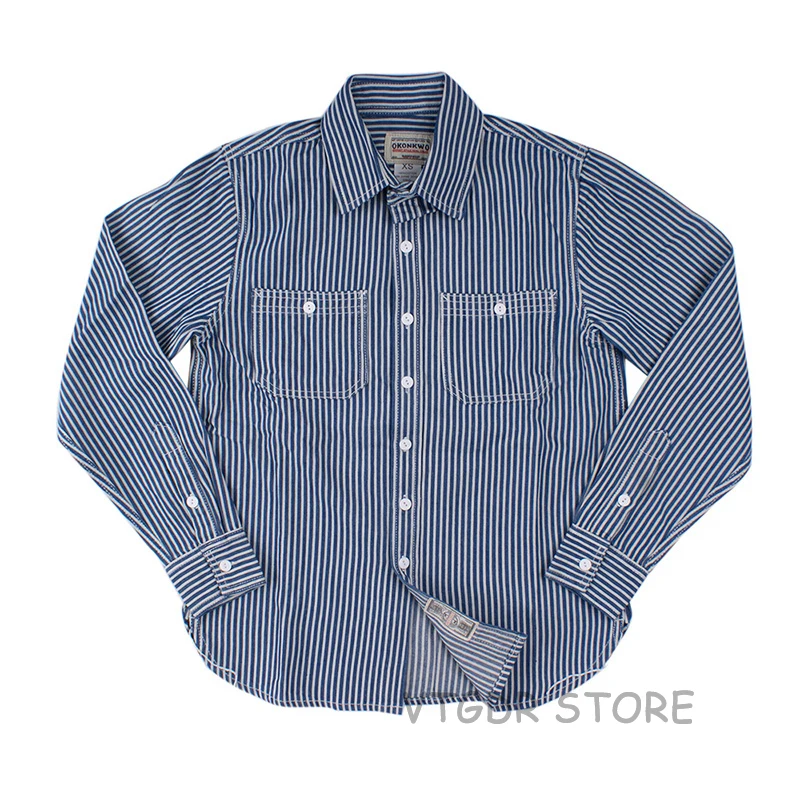 

Vintage Striped Wrok Shirts For Men Fall Casual Railroad Retro Long Sleeve Western Worker Shirt Slim Fit