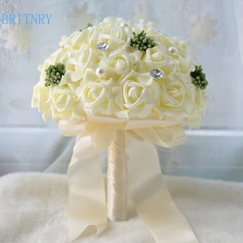 

BRITNRY 2018 Real Images White Beige Wedding Flowers Bridal Bouquets Rose with Crystal Wedding Bouquet Beautiful Flower Bouquet
