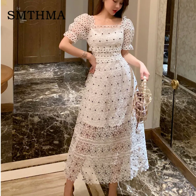 

SMTHMA High Quality Self Portrait Dress 2019 Women Sexy off shoulder long Dresses Chic Embroidery dots Lace Summer Dress
