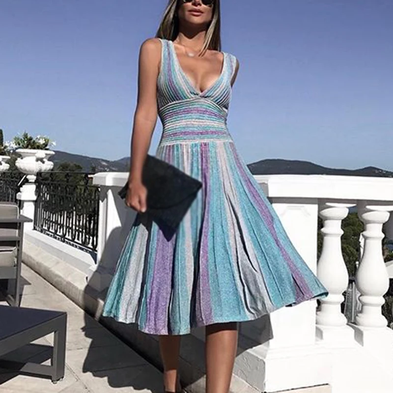 

Ladies Sexy Sleeveless Dress Women Summer Dresses midi Length Striped A Line Party V-neck fashion wiggle dresses vintage elegant