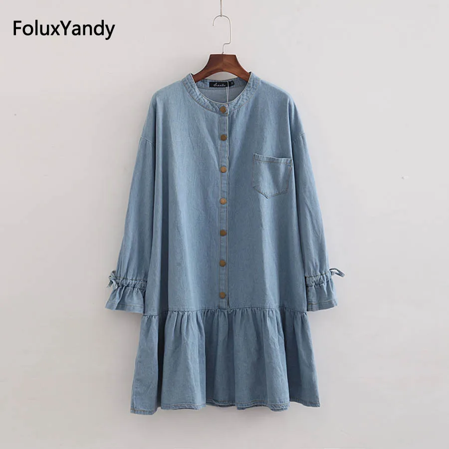 

Spring Casual Denim Dress Women Plus Size 3 4 XL O-neck Lace Up Long Sleeve Loose Trumpet Dress Blue Vestidos KKFY1627
