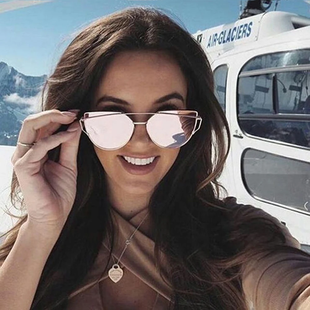 Mirror Cateye Goggle Sunglass Ladies Fashion Metal Frame Pink Sunglasses Women Flat Top Brand Design Female Eyewear 2019