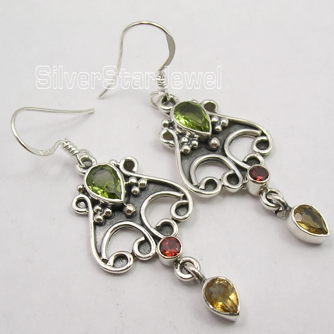 

Chanti International HANDCRAFTED, Silver MULTISTONES INDIAN JEWELLERS OXIDIZED Earrings 5.1 CM