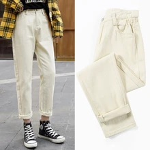 WKOUD/, весенние джинсы в Корейском стиле, свободные шаровары, брюки длиной до щиколотки, женские повседневные джинсы с эластичной резинкой на талии, брюки, P8775