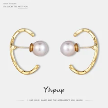 Yhpup Модные индивидуальные серьги-гвоздики из цинкового сплава с геометрическим золотым искусственным жемчугом для женщин, вечерние ювелирные изделия из серебра S925 пробы