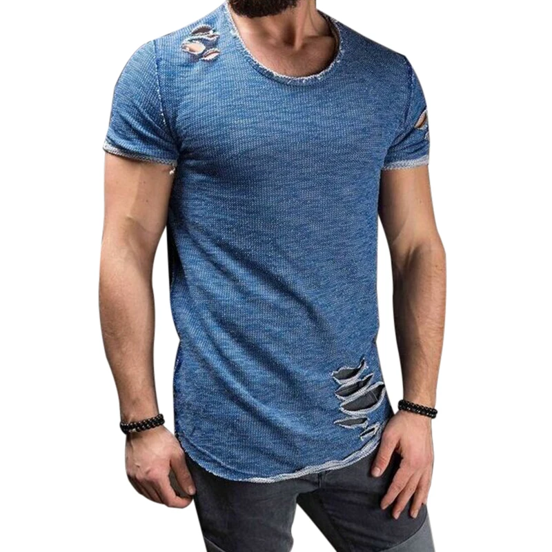 

HEFLASHOR 2019 Men Sexy Ripped Hole Hip Hop T-shirt Vintage Solid Short Sleeve O-Neck Streetwear Slim Tops&Tees clothes