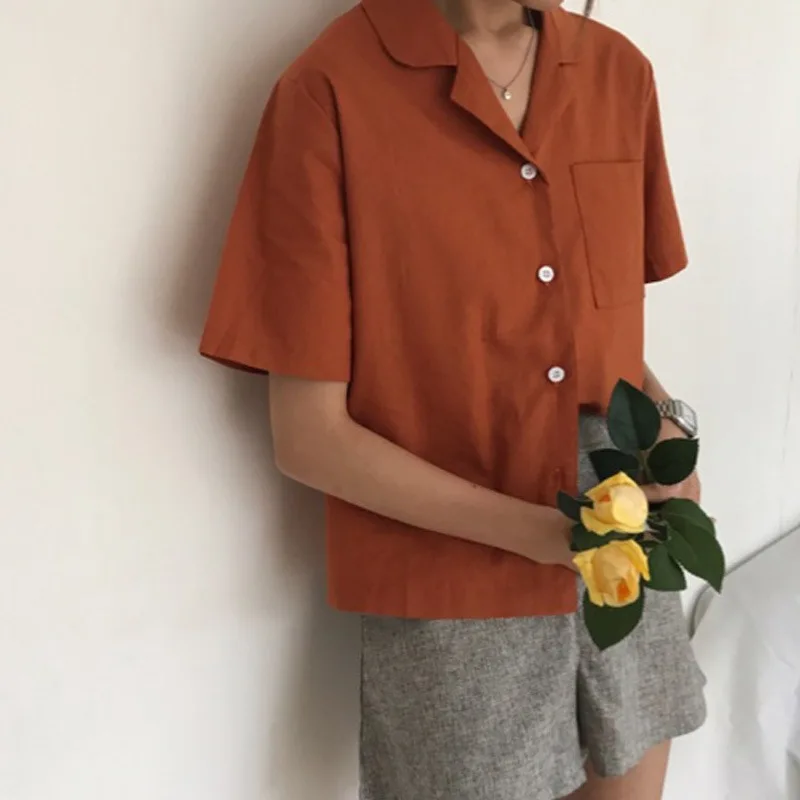 

Women Summer Retro Short Sleeve Suit Collar Small Lapel Shirt Loose Casual Blouse Solid Color Shirt