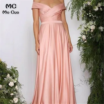 

Elegant 2019 Off Shoulder Evening Dresses Long with Pockets Short Sleeve Satin Formal Evening Party Dress for Women Custom Made