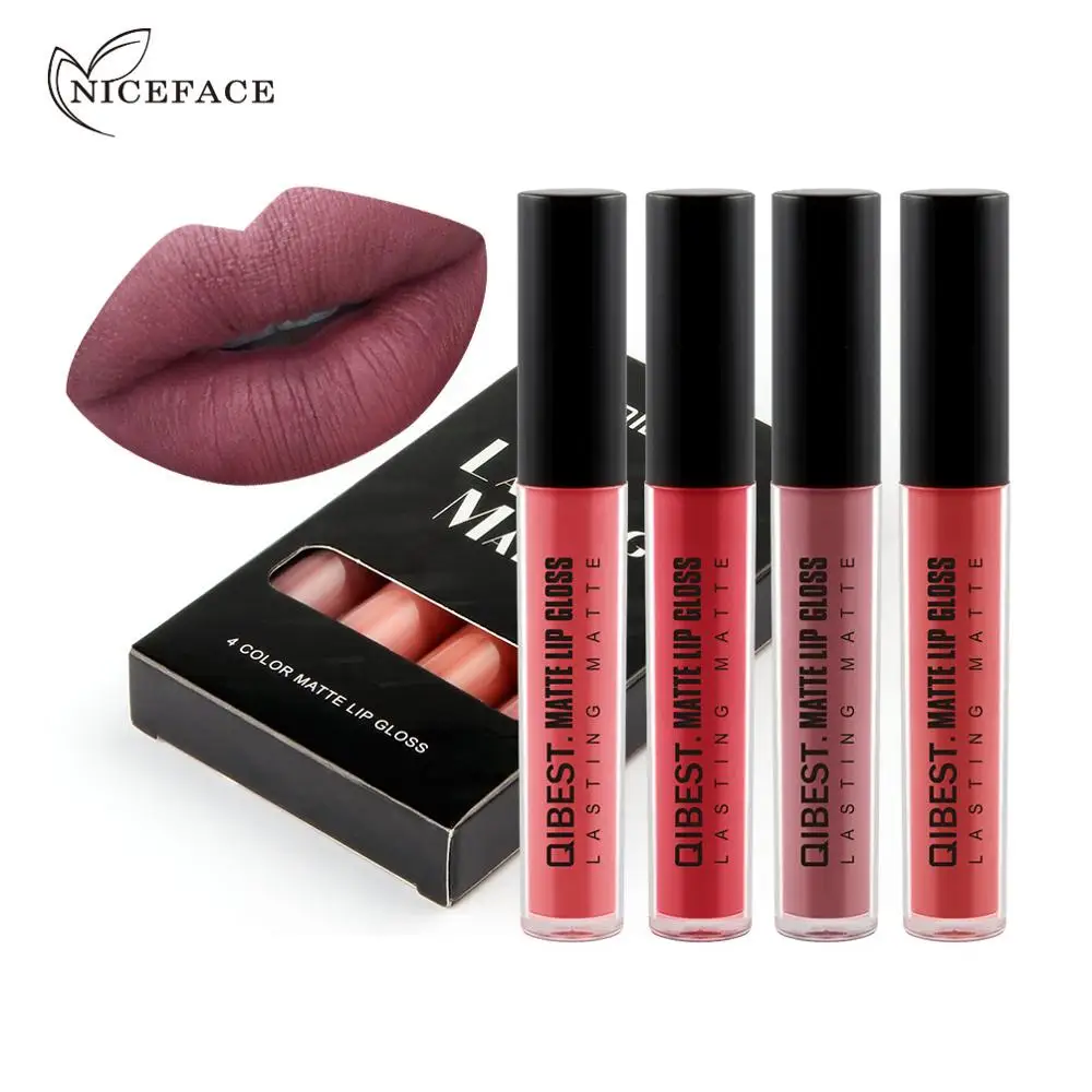 Qibest 4PCS Liquid Lipstick Set Long-Lasting Matte Lip Stick Make Up Waterproof Velvet Batom Nude Sexy Lip Gloss Cosmetics Kit