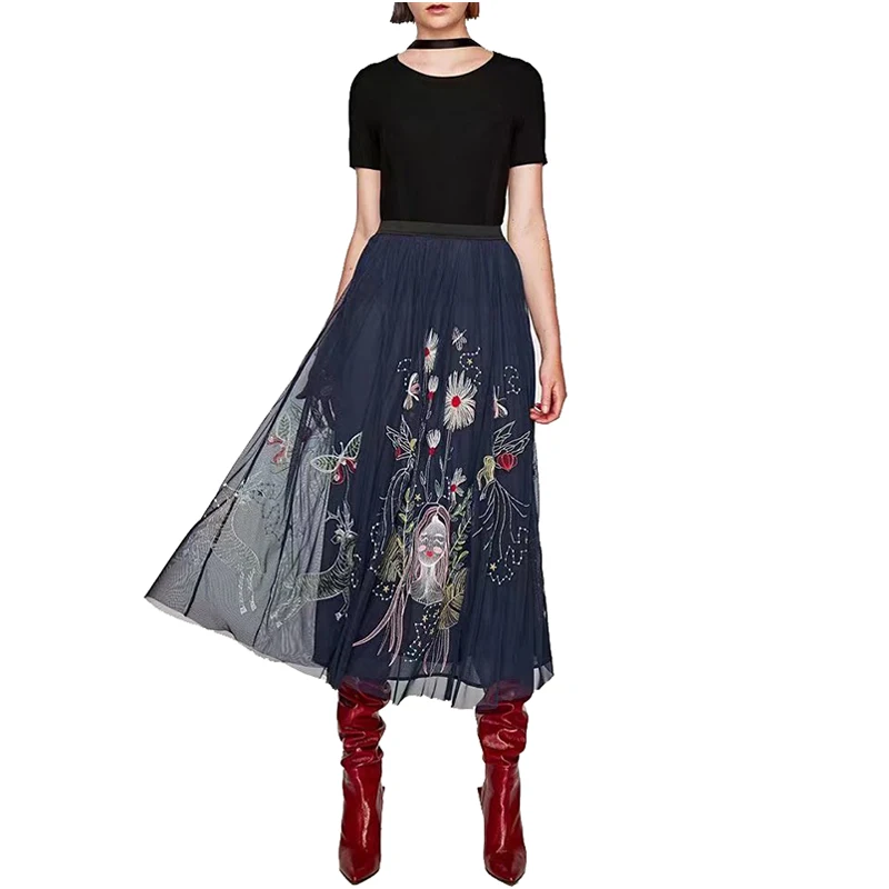 NYMPH Women Vintage Skirts 2017 Summer Boho Elegant High Waisted Floral Embroidered Mesh Overlay Midi A Line Plus Size | Женская одежда