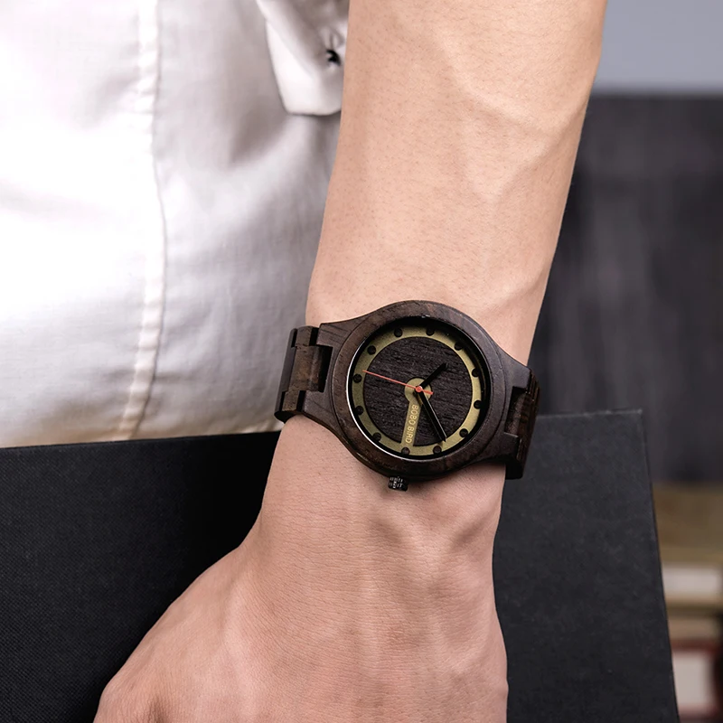 BOBO BIRD Q09 Mens Wooden Watch Simple Quartz Watches Zebrawood and Ebony Optional Free Shipping