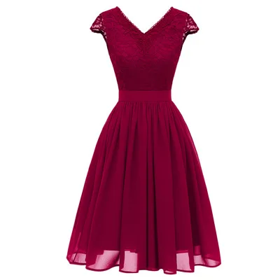 CD1646L# шифоновое кружевное вечернее платье с v-образным вырезом розового, винно-красного, темно-синего цвета короткое вечернее платье для выпускного вечера модная женская одежда для девочек оптом - Цвет: wine red