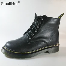 Genuine Cow Leather Martin Boots Women Autumn Winter Woman Square Low Heels Shoes Cross Strap Black Round Toe Ankle Boots E148 showfun genuine leather shoes woman grit cowhide solid square heels boots