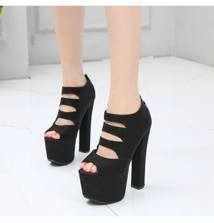 

COWCOM 17Cm Stage Catwalk Shoes Super High Heel Sandals Zipper Black High Heels Female Summer Open Toe Heels ZYW-628