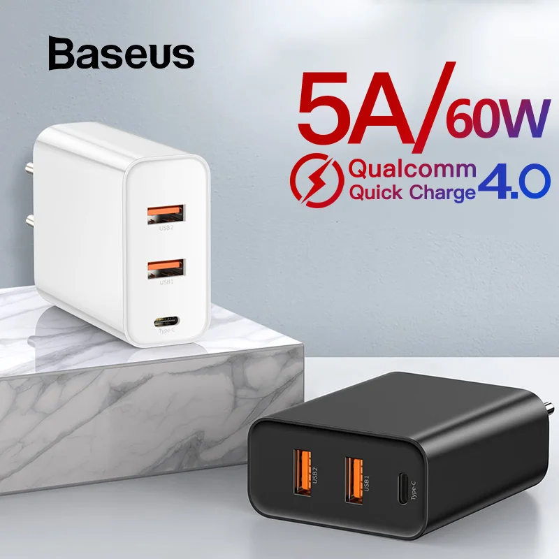 Дешево Baseus 60 Вт font b USB b font зарядное устройство Быстрая зарядка 3,0 font b usb b font type C зарядное устройство для iPhone 8 X XS PD 5A быстрое font b USB b font зарядное устройство для huawei samsung S10 S9