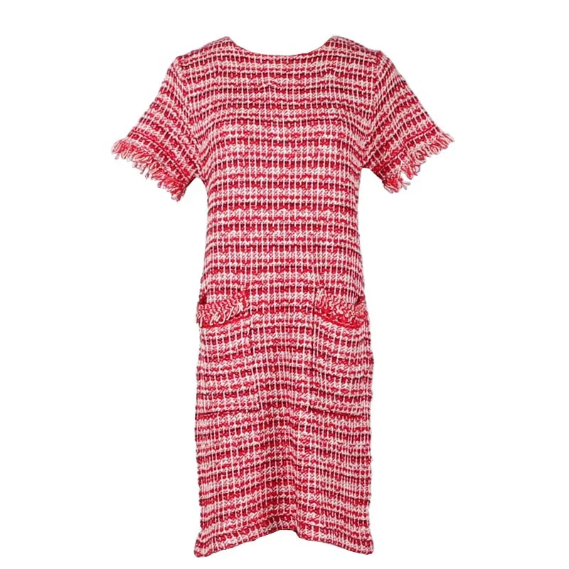 Women Knit Dress 2018 New Small Fragrance Fine Grain Contrast Color Tassel Round Neck Short Sleeve Double Pocket Knit Dress Dresses