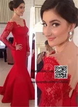 V-ausschnitt Rote Spitze Und Satin Sexy Long Sleeves Abschlussball-kleider Meerjungfrau Abendkleider Öffnen Zurück Maid Kleider