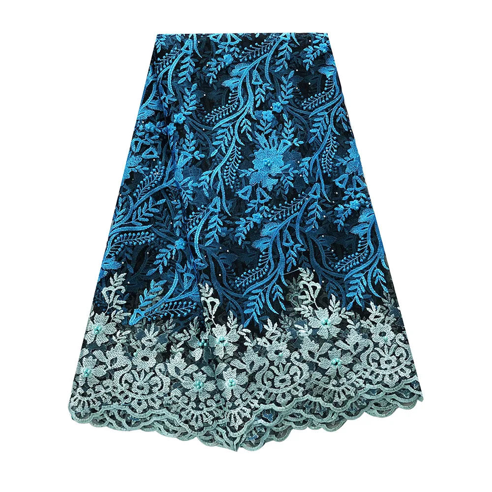 

Newest african wedding lace fabric blue beaded lace embroidery nigerian fabrics high quality polyester lace tulle fabric 2019