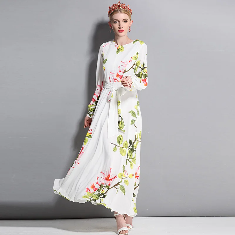 

High quality desinger floral print LANTERN SLEEVES belted dress 2018 spring summer runway elegant maxi dress D036